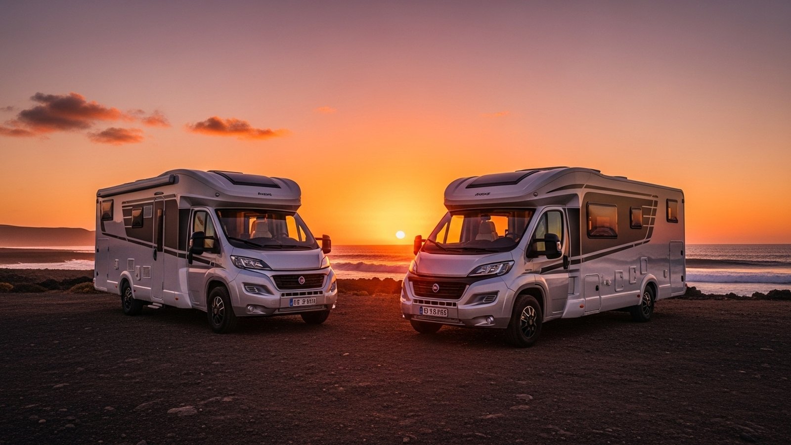 Wohnmobile am Meer bei Sonnenuntergang